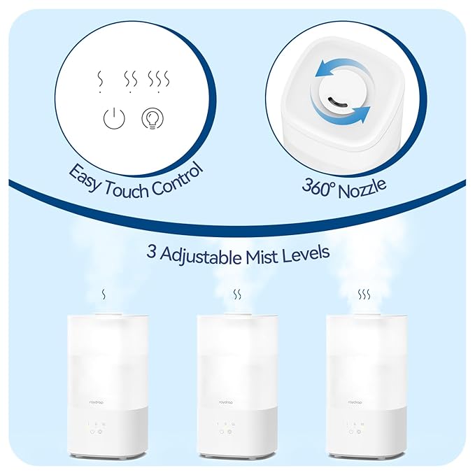 raydrop Humidifiers for Home, 2.5L Cool Mist Humidifiers for Large Room & Bedroom, Top Fill Air Humidifier for Baby Nursery & Plants, Essential Oil Diffuser with Color Lights, Auto Shut-Off