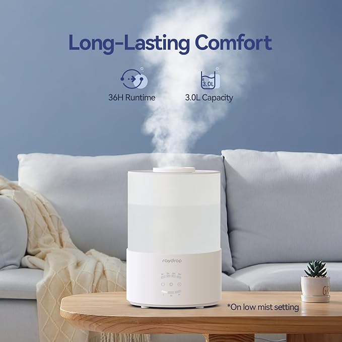 raydrop Humidifiers for Bedroom, 3.0L Cool Mist Humidifiers for Large Room & Home, Top Fill Air Humidifier for Baby Nursery & Plants, Essential Oil Diffuser with Color Lights, Timer, Auto Shut-Off