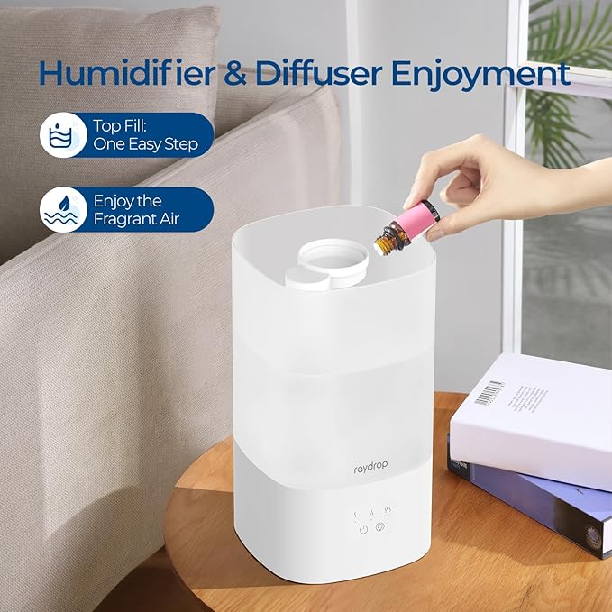 raydrop Humidifiers for Home, 2.5L Cool Mist Humidifiers for Large Room & Bedroom, Top Fill Air Humidifier for Baby Nursery & Plants, Essential Oil Diffuser with Color Lights, Auto Shut-Off