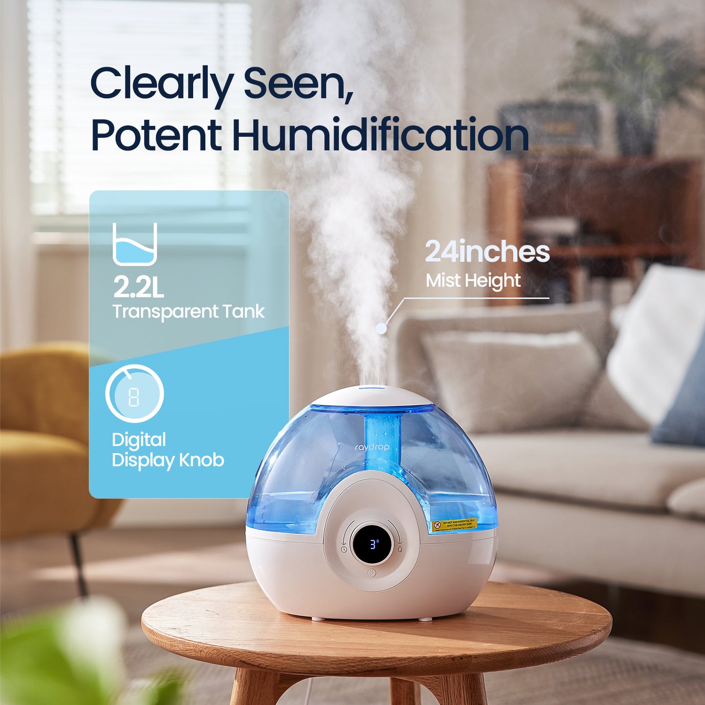 raydrop Humidifiers for Bedroom, Cool Mist Humidifiers for Baby Nursery and Plants, 2.2L Water Tank Quiet Ultrasonic Humidifier with Digital Display